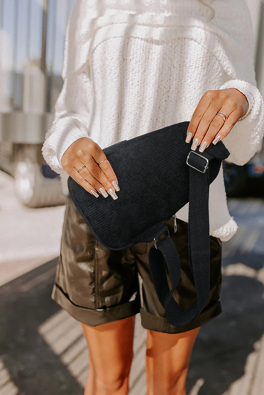 Black Double Zip Corduroy Cross Body Bag