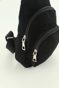 Black Double Zip Corduroy Cross Body Bag