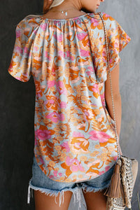 Notch V Neck Floral Blouse
