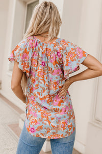 Notch V Neck Floral Blouse
