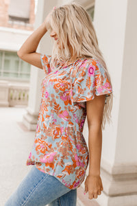 Notch V Neck Floral Blouse