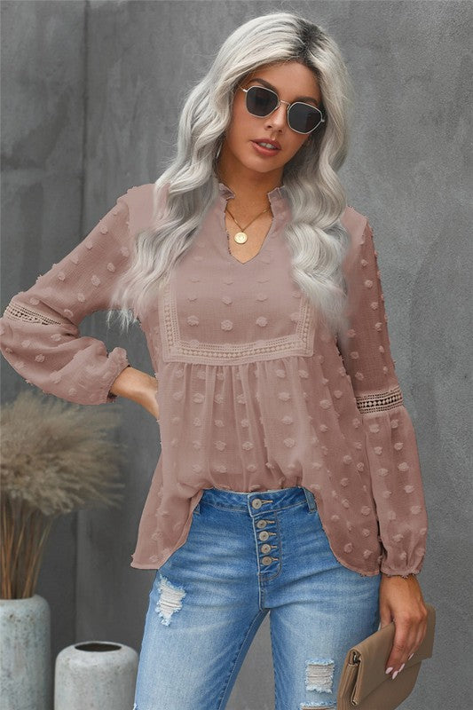 Ruffled Split Neck Dot Blouse