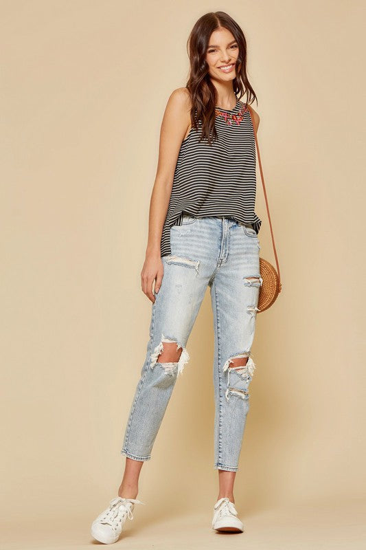 Floral Embroidered Striped