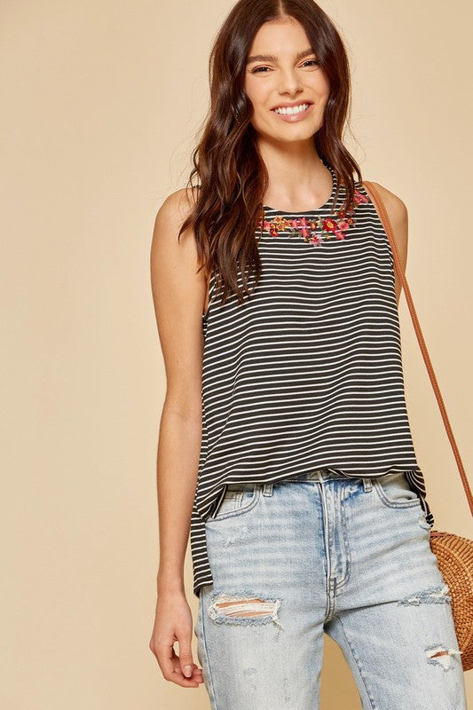 Floral Embroidered Striped
