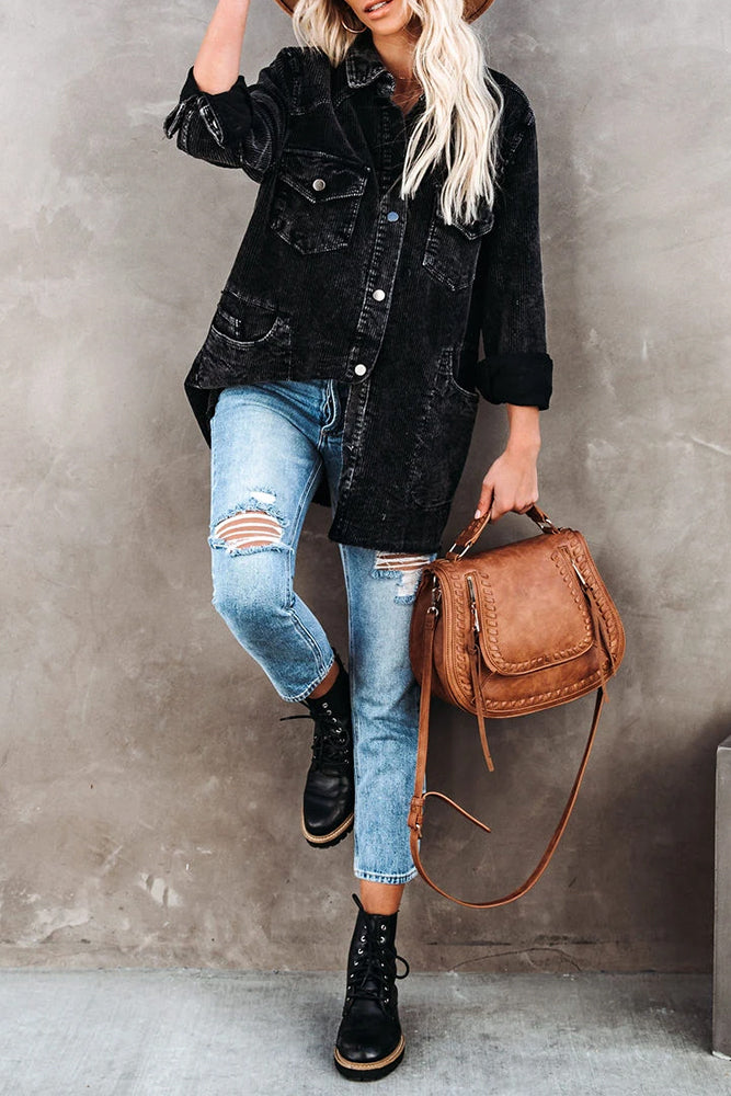 Long Corduroy Shacket - Black