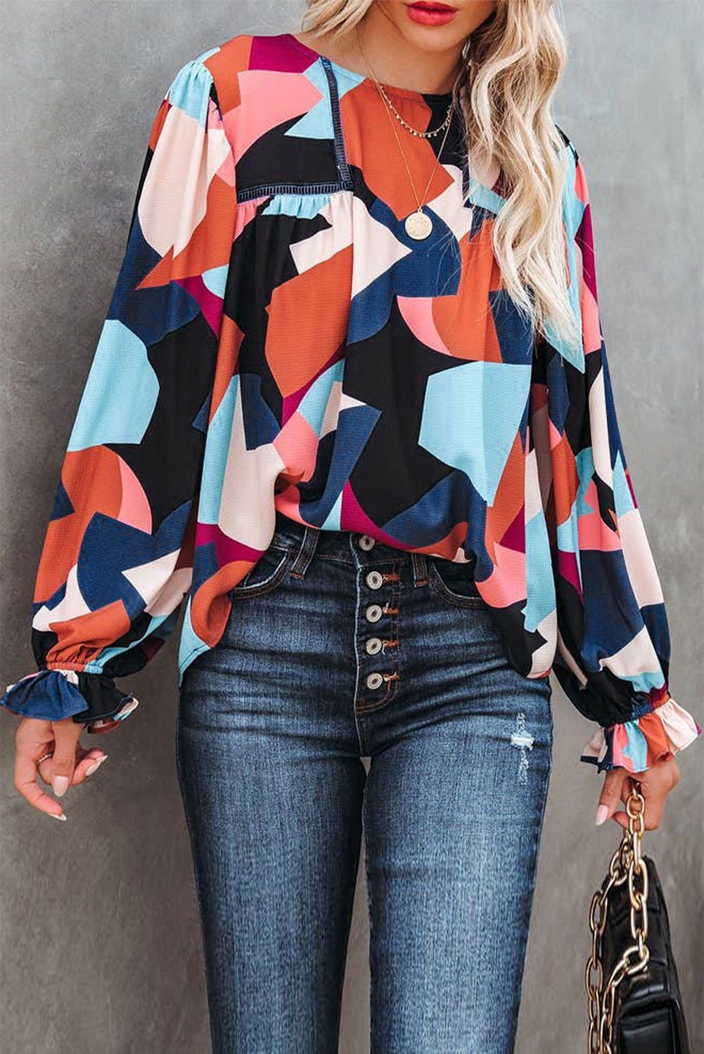 Abstract Puff Sleeve Blouse 2 Color Schemes