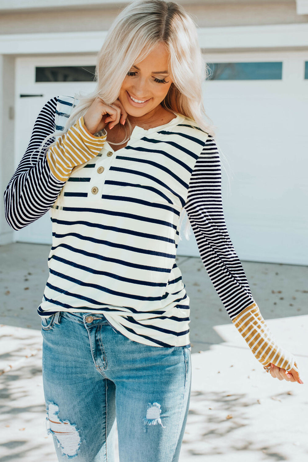 Long Sleeve Stripe Henley Top