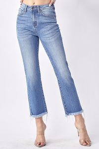 Mid Rise Raw Hem Straight Jeans